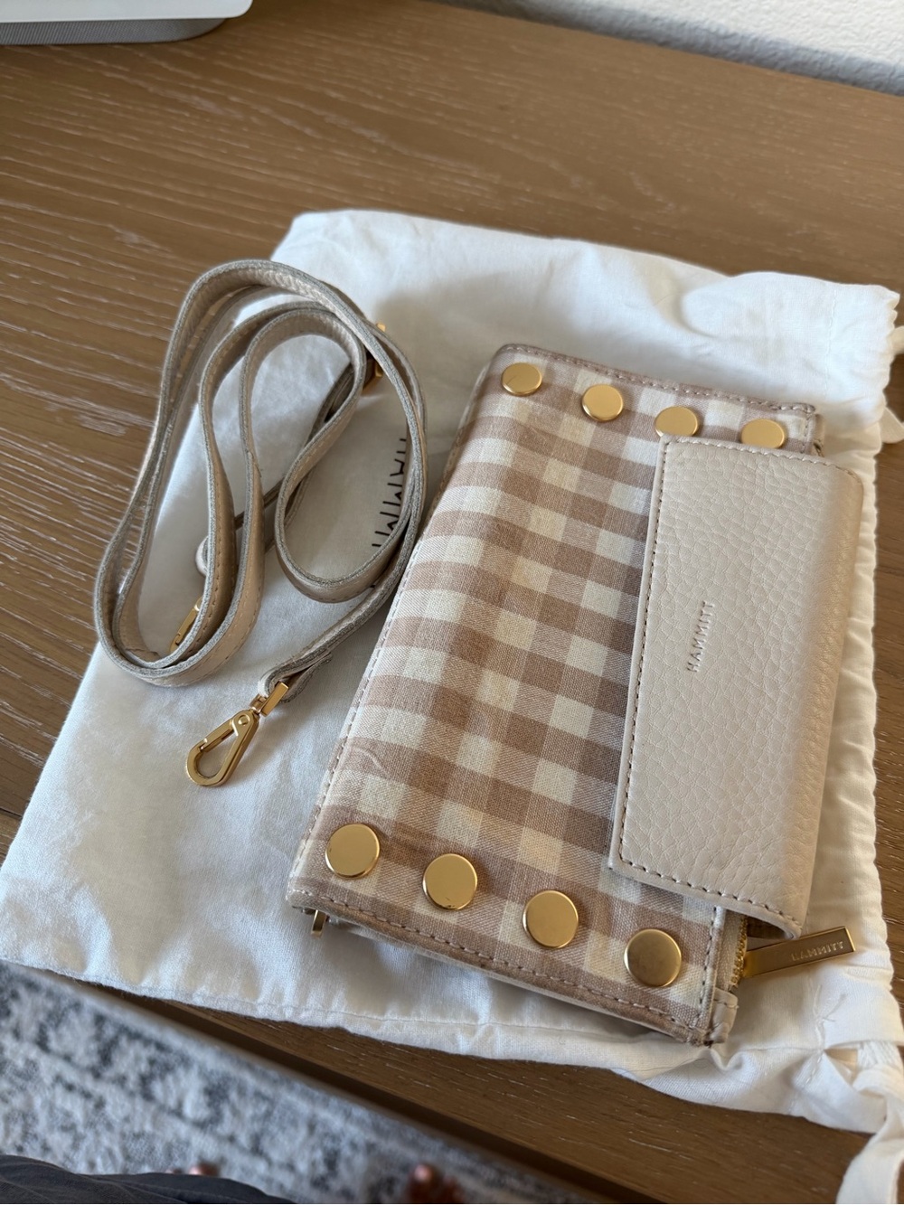 Hammitt Beige Gingham Crossbody Wallet with Gold Studs